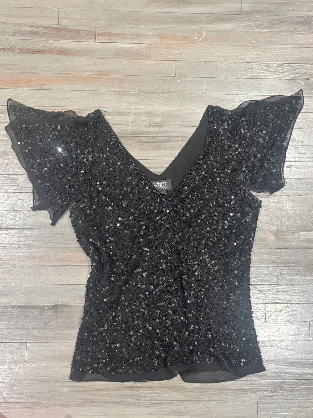 Adrianna Papell Black Sequin V-Neck Flutter Sleeve Top